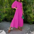 Vibrant magenta one-shoulder cotton linen dress with puff sleeve and belted waist design. - S / Dresses / Rose Red