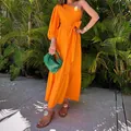 Vibrant orange one-shoulder cotton linen maxi dress with tie-waist and puff sleeve - S / Dresses / Orange