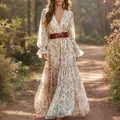 Elegant Bohemian floral maxi dress with V-neck and brown belt in a forest setting. - S / Dresses / Off White