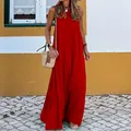 Full view of elegant red sleeveless halter maxi dress for summer beach vacations - S / Dresses / Red