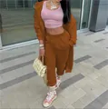 Full body view of a women's brown hooded sweatshirt and matching jogger pants set. - S / Top And Bottom / Brown