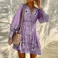 Elegant purple bohemian dress with long sleeves, V-neck, floral print and matching belt - S / Dresses / Purple