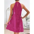 Back view detail showing the sequined texture of a hot pink halter neck cocktail dress - M / Dresses / Fuschia