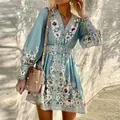 Elegant autumn long-sleeve V-neck floral print Bohemian dress with a matching belt - M / Dresses / Sky Blue