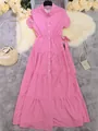 Elegant pink and white striped midi dress with short sleeves and tiered skirt detail - S / Dresses / Pink