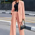 Elegant peach two-piece casual blazer and wide-leg trousers street style set for women - S / Top And Bottom / Pink
