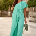Detail of mint green one-shoulder jumpsuit with elegant ruffle and wide-leg design - S / Emerald Green