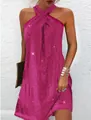 Stunning hot pink halter neck sequin cocktail party dress for women, sleeveless style - 3XL / Dresses / Fuschia