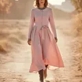 Vintage pink cotton linen maxi dress with Peter Pan collar and waist tie detail - S / Dresses / Pink
