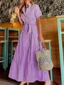 Stylish purple and white striped short-sleeved tiered maxi shirt dress with waist tie - Purple