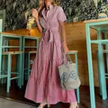 Elegant summer pink and white striped short sleeve maxi dress featuring a tie waist - Burgundy