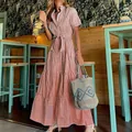 Elegant pink striped short-sleeve shirt maxi dress with waist tie and tiered skirt - Brown