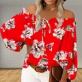 Detailed view of sexy red off-the-shoulder floral print long sleeve blouse for women - S / Tops / Red