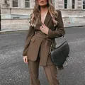 Stylish brown belted blazer and trousers two-piece suit set for autumn street fashion - S / Top And Bottom / Coffee