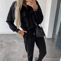 Stylish women's black two-piece tracksuit set featuring loose joggers and zip jacket - S / Top And Bottom / Black