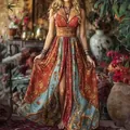 Full length view of a vintage ethnic print maxi camisole dress with slit front detail - S / Dresses / Red
