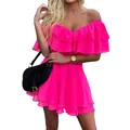 Dettaglio di un mini abito in chiffon rosa acceso con spalle scoperte e volant eleganti - Taglia S / Vestiti / Rosso rosa
