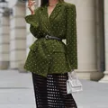 Elegant olive green polka dot blazer featuring a notched lapel and black belt for spring - S / Tops / Green