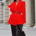 Elegant red long sleeve blazer featuring white polka dots and a classic lapel collar - S / Tops / Red