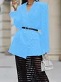 Elegant sky blue long sleeve blazer jacket featuring a white polka dot print and lapels - S / Tops / Blue