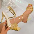 Detailed macro view of elegant golden square toe stiletto sandals with braided strap design - 35 / Gold