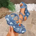 Bohemian denim wedge sandals with colorful beads and cork platform sole for beach - 35 / Bohemian Denim Style Woven Rhinestone Wedge Sandals / Blue