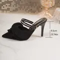 Detail shot of black ruffled pointed-toe high heels showing 9.5cm heel height - 35 / Black