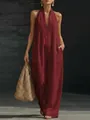 Elegant wine red sleeveless halter neck jumpsuit with deep V-neck and wide leg linen silhouette - S / Burgundy
