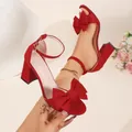 Elegant red high-heel block sandals featuring a large decorative bow and ankle straps - 35 / Red Style (01F)