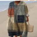 Casual long sleeve maxi shirt dress with 3D patchwork print in earthy tones on beach - XXS / Dresses / Gray