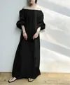 Elegant black off-shoulder maxi dress with puff sleeves and loose fit - S / Dresses / Black