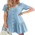 Détail d'une robe boutonnée en coton et lin bleu clair avec un élégant ourlet volanté - Bleu clair