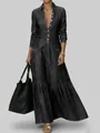 Elegant vintage long-sleeve denim maxi dress with V-neck and button-up front detailing. - S / Dresses / Black
