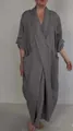 Full view of grey linen robe dress highlighting the relaxed fit and large pockets - S / Dresses / Gray
