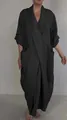 Loose fit linen robe dress in charcoal grey featuring deep V-neck and oversized pockets - S / Dresses / Black