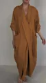 Detailed view of a casual linen wrap dress with large side pockets in terracotta brown - S / Dresses / Caramel color