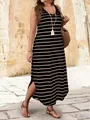Chic black and tan striped sleeveless maxi dress featuring a side slit on a model outdoors - S / Dress (L030) / Black