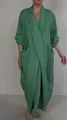 Casual green linen robe dress with V-neck and functional large side pockets for women. - Green