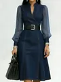 Elegant denim maxi dress featuring sheer long sleeves and a stylish stand collar design - S / Blue