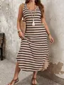 Full view of a striped sleeveless midi dress with a side slit worn by a female model - S / Dress (L030) / Khaki