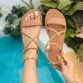 Elegant women's tan flat Roman beach sandals with cross straps and soft leather - 36 / Roman Style (039#) / Khaki