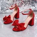 Elegant red satin block heel sandals with a large decorative bow and ankle strap - 35 / Red Style (01A)
