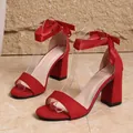 Red block heel sandals with elegant satin ribbon ankle tie in a luxury studio setting - 35 / Red Style (011S)