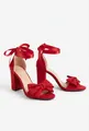 Elegant red satin block heel sandals featuring a bow detail and ankle ribbon ties - 35 / 红色款式(01S)