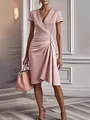 Elegant pink short sleeve dress with a V-neckline and flattering side ruching detail - S / Dresses / Pink