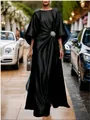 Elegant black satin maxi dress with a crystal flower brooch on the waist. - 3XL / Dress (C88054) / Black
