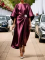 Elegant deep purple satin dress featuring a stunning floral brooch and draped detail - XS / Dress (C88054) / Burgundy