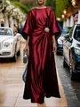 Elegant burgundy satin evening dress featuring a crystal floral brooch and pleated waist - 3XL / Dress (C88054) / Red