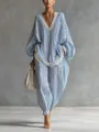 Elegant blue and white striped two-piece lounge set featuring delicate lace trim details - S / Top And Bottom / Blue