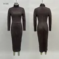 Detailed front and back views of a brown long sleeve turtleneck bodycon midi dress - XS / Dresses / Coffee